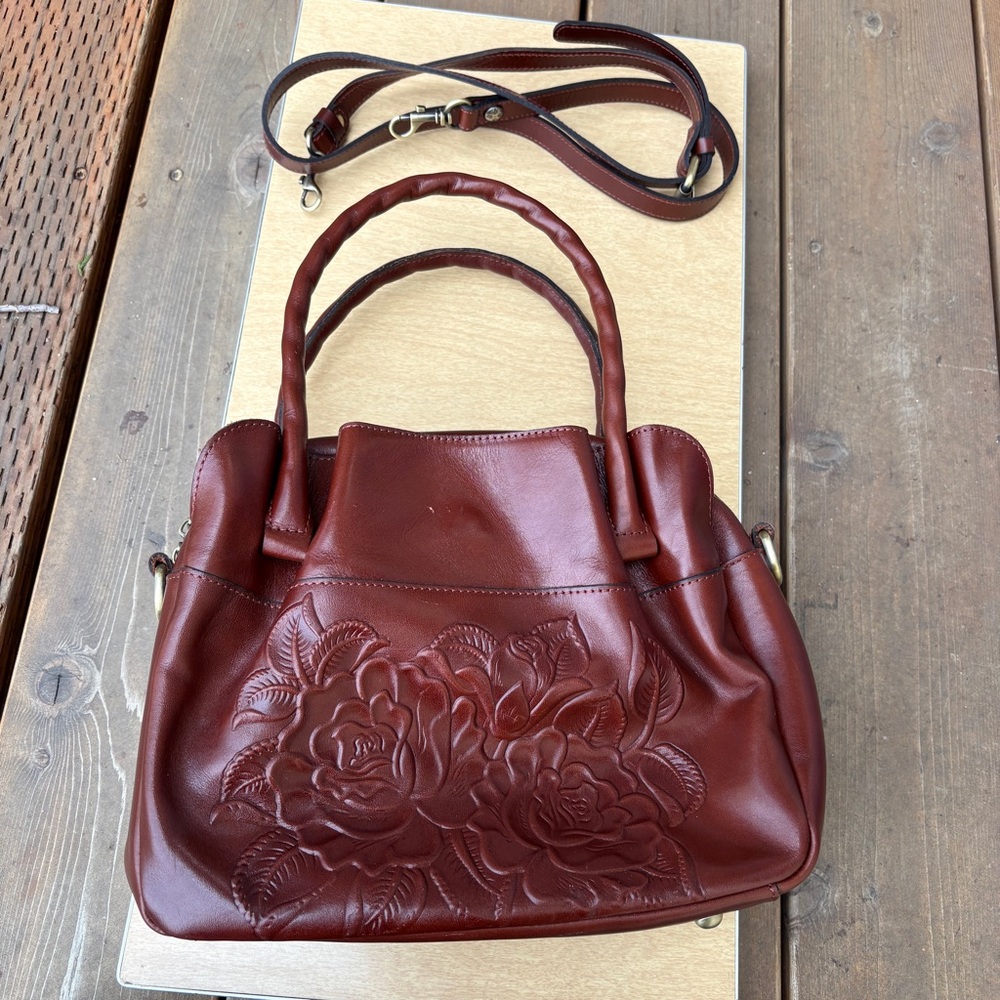 Patricia Nash Ashford Rose Tooled Leather Crossbody Satchel In British Tan - Picture 2 of 16